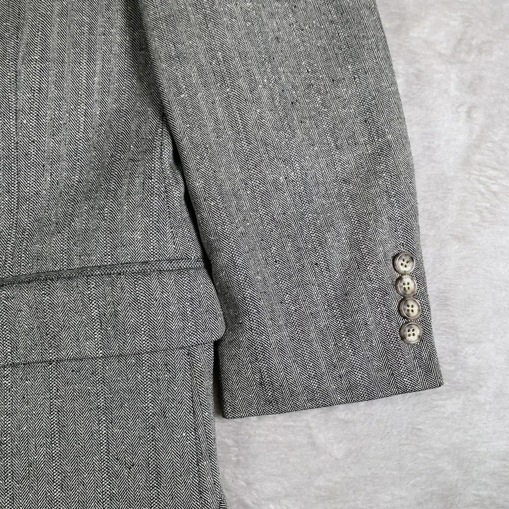 Old School Bespoke‎ Blazer Mens 43R Gray Herringbone Tailored USA 100% Linen